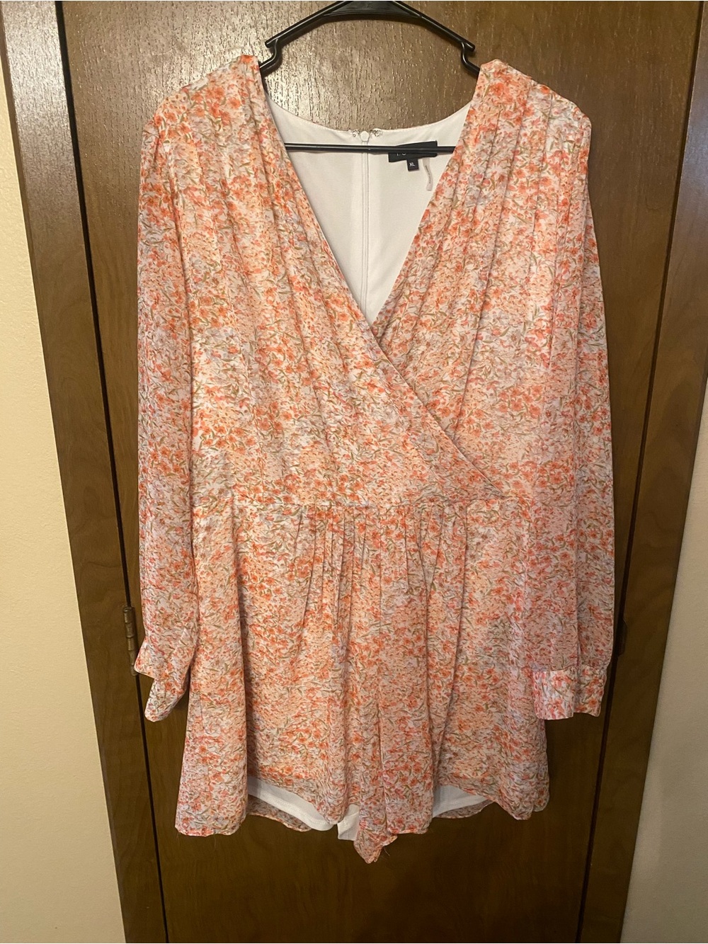 1. State Peach and White Floral Wrap Romper